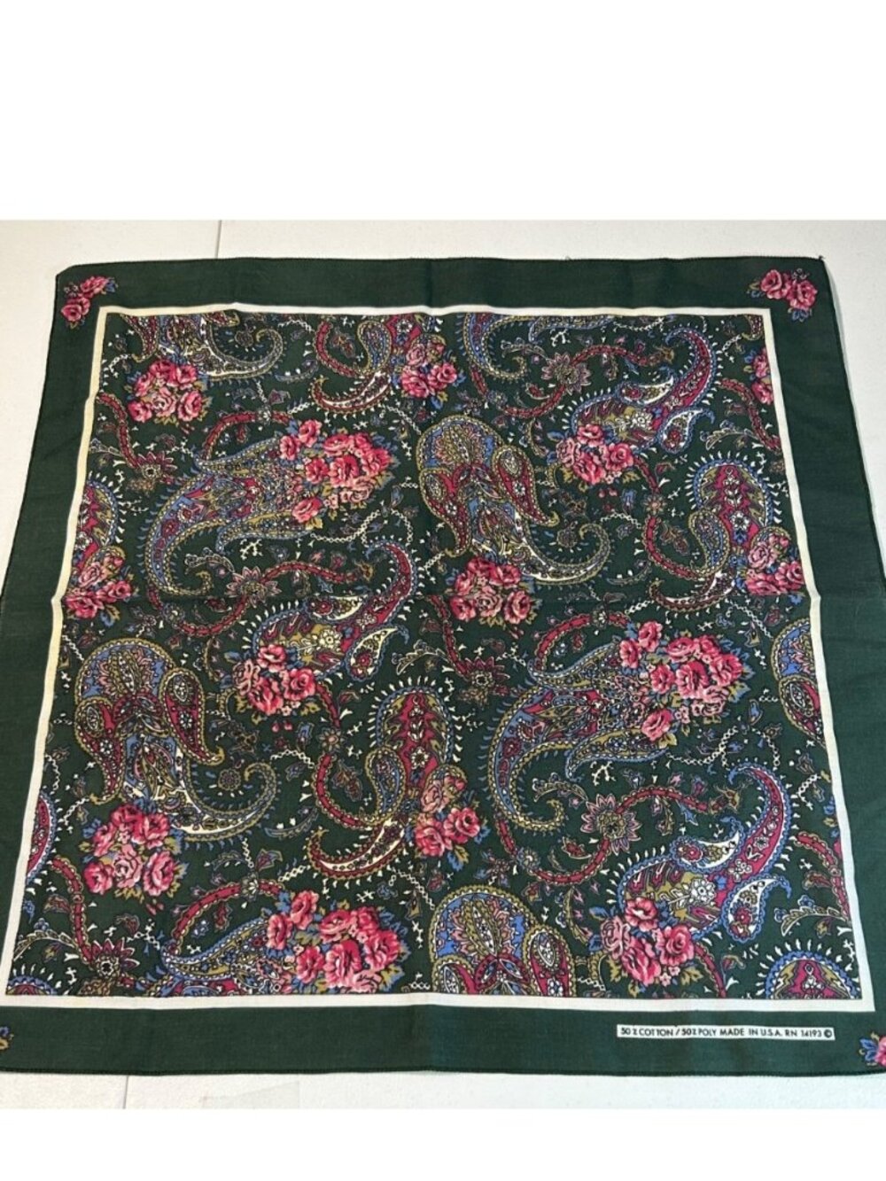 Bandana Handkerchief Made In USA RN 14193 Vintage NEW OS Green Paisley Cotton